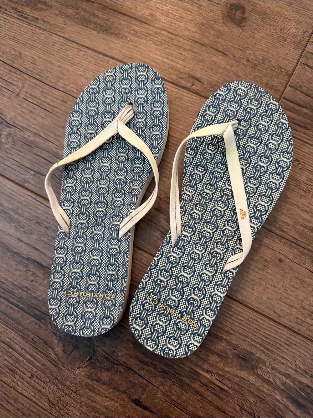 Tory Burch Navy Patterned Flip Flop with Cream Straps